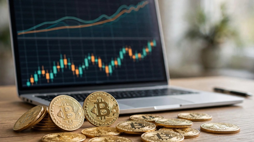Criptomonedele Europa 2026: monede Bitcoin fizice și grafice financiare pe ecran