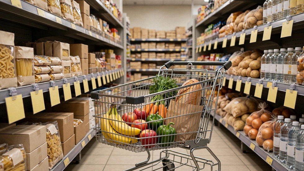 Inflația în Europa: coș de cumpărături și etichete de preț într-un supermarket