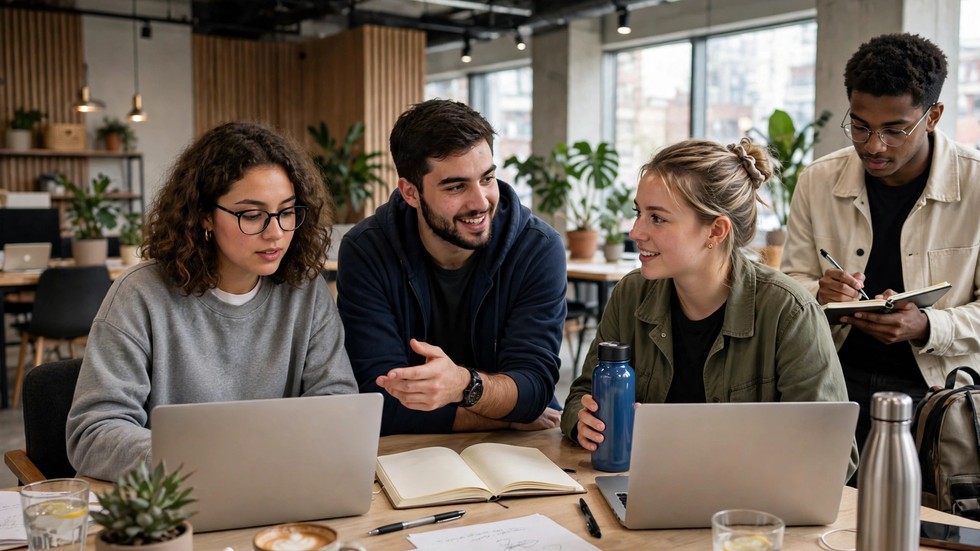 Startup-uri românești finanțări: tineri antreprenori la lucru într-un spațiu de coworking modern