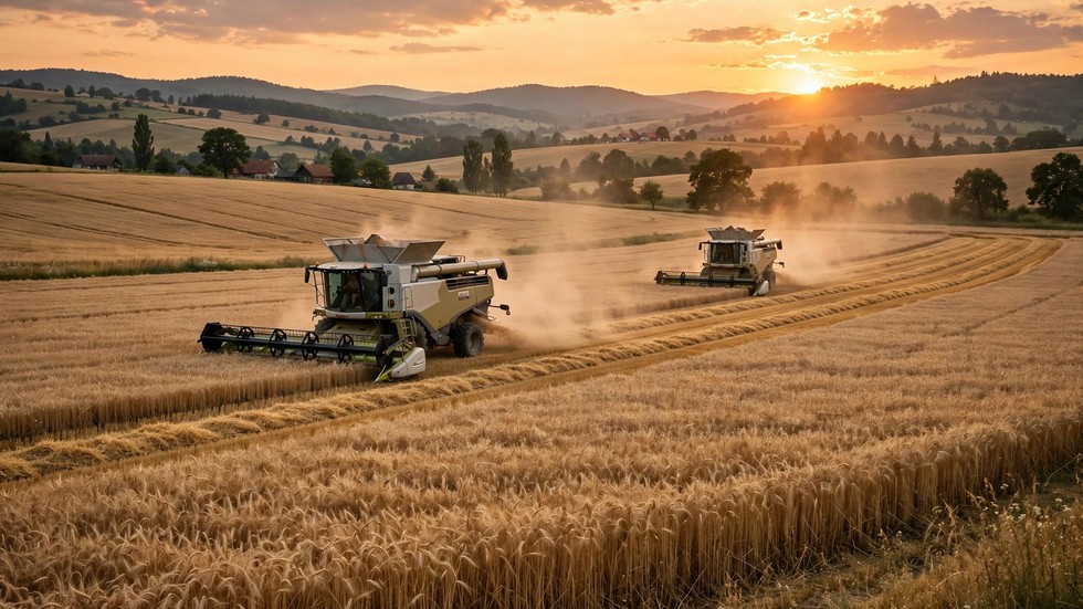 Exporturile agroalimentare România: câmp de grâu la apus, cu combine agricole