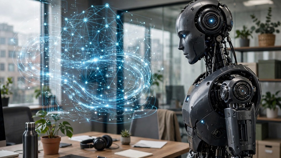Inteligența artificială afaceri: robot și interfață digitală de inteligență artificială într-un birou