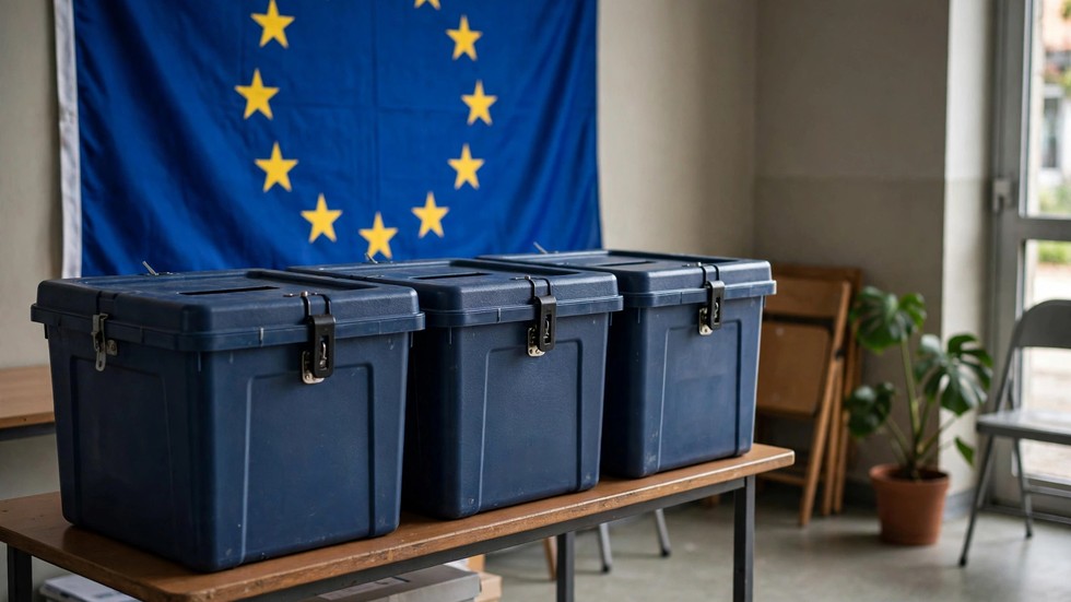 Alegeri europene 2026: urne de vot și steagul Uniunii Europene la alegeri