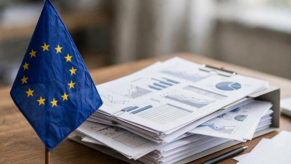 Fondurile europene România 2026: steagul Uniunii Europene lângă documente de finanțare