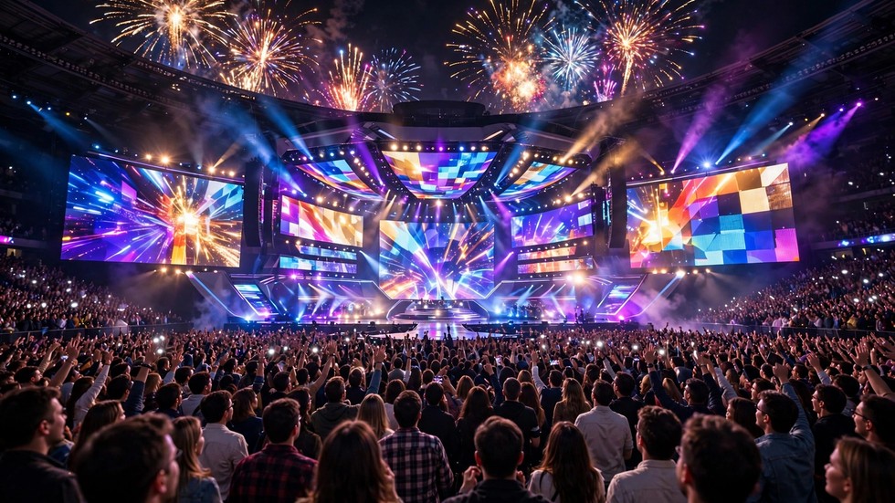 Eurovision 2026 România – Scena Eurovision cu lumini spectaculoase și public numeros
