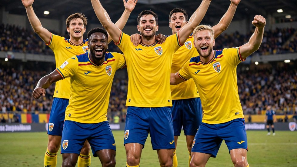 Naționala României Mondial: jucătorii naționalei României sărbătorind un gol pe stadion