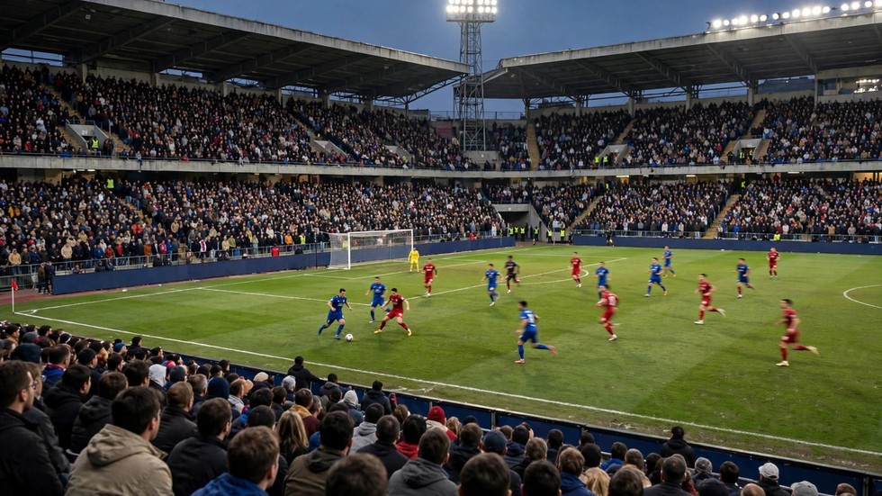 Liga 1 2026 titlu: meci de fotbal din Liga 1 pe un stadion plin