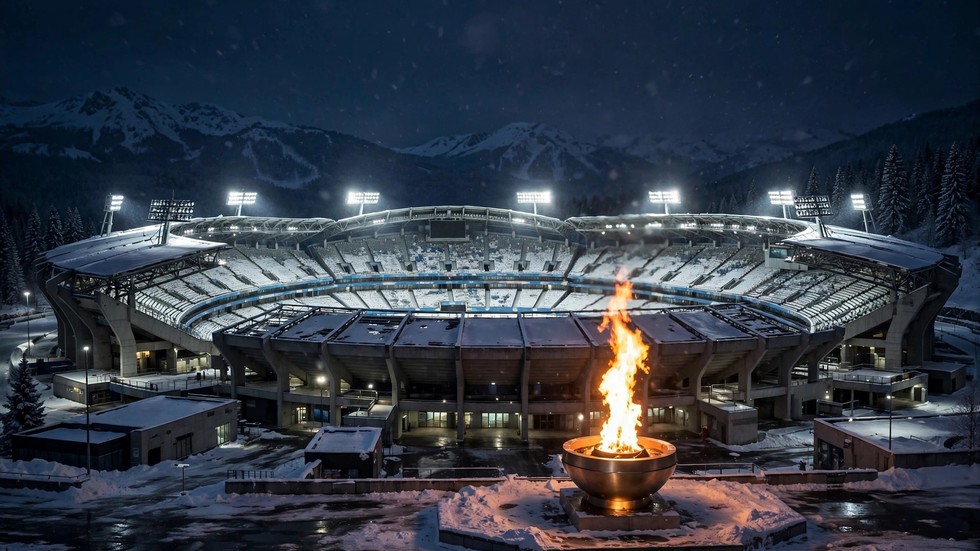 Jocurile Olimpice de Iarnă 2026: stadion olimpic de iarnă cu torța aprinsă noaptea