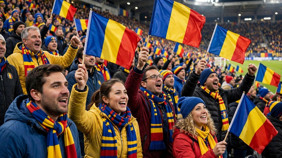 Echipele românești cupe europene: suporteri români cu steaguri pe stadion la un meci european
