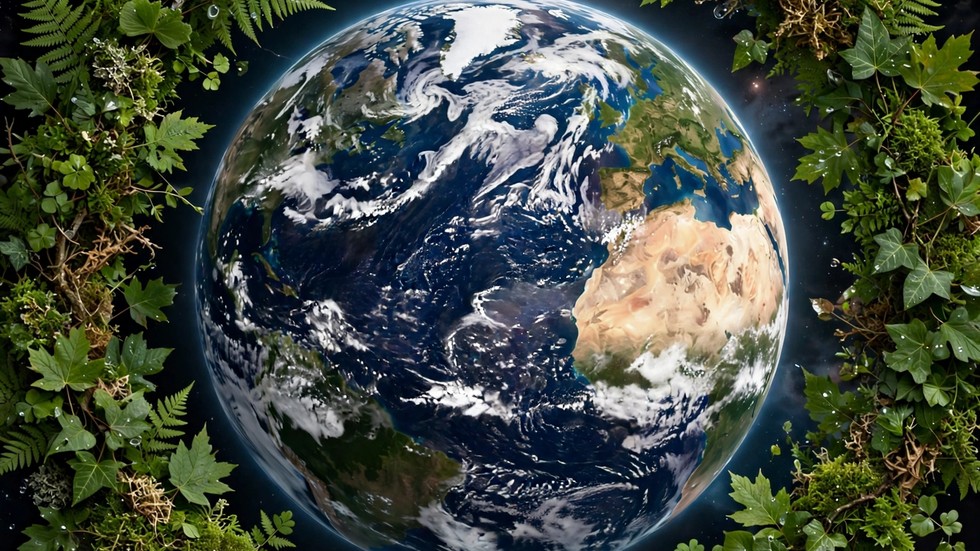 Conferința climatică ONU: globul pământesc înconjurat de frunze verzi